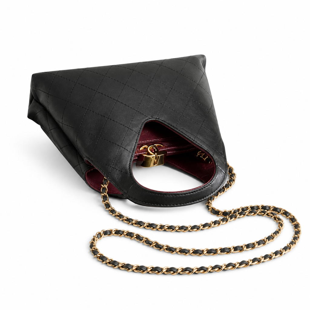 Chanel Large Hobo Bag Black Diamond-Quilted Lambskin | Burgundy Interior & Gold CC Clasp — 32cm