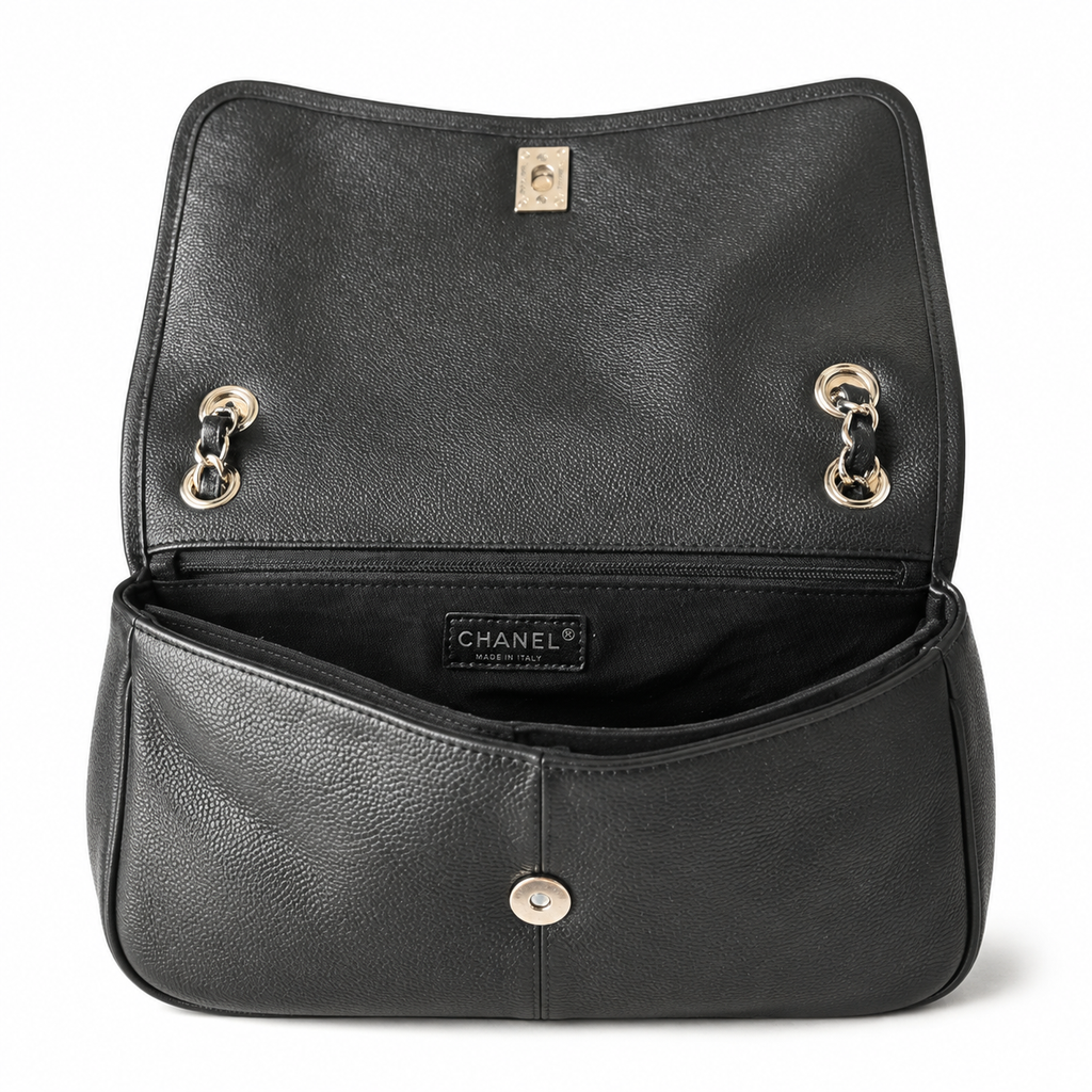 Chanel Black Caviar Quilted Large Single Flap Bag | Silver CC Turn-Lock & Silver Chain