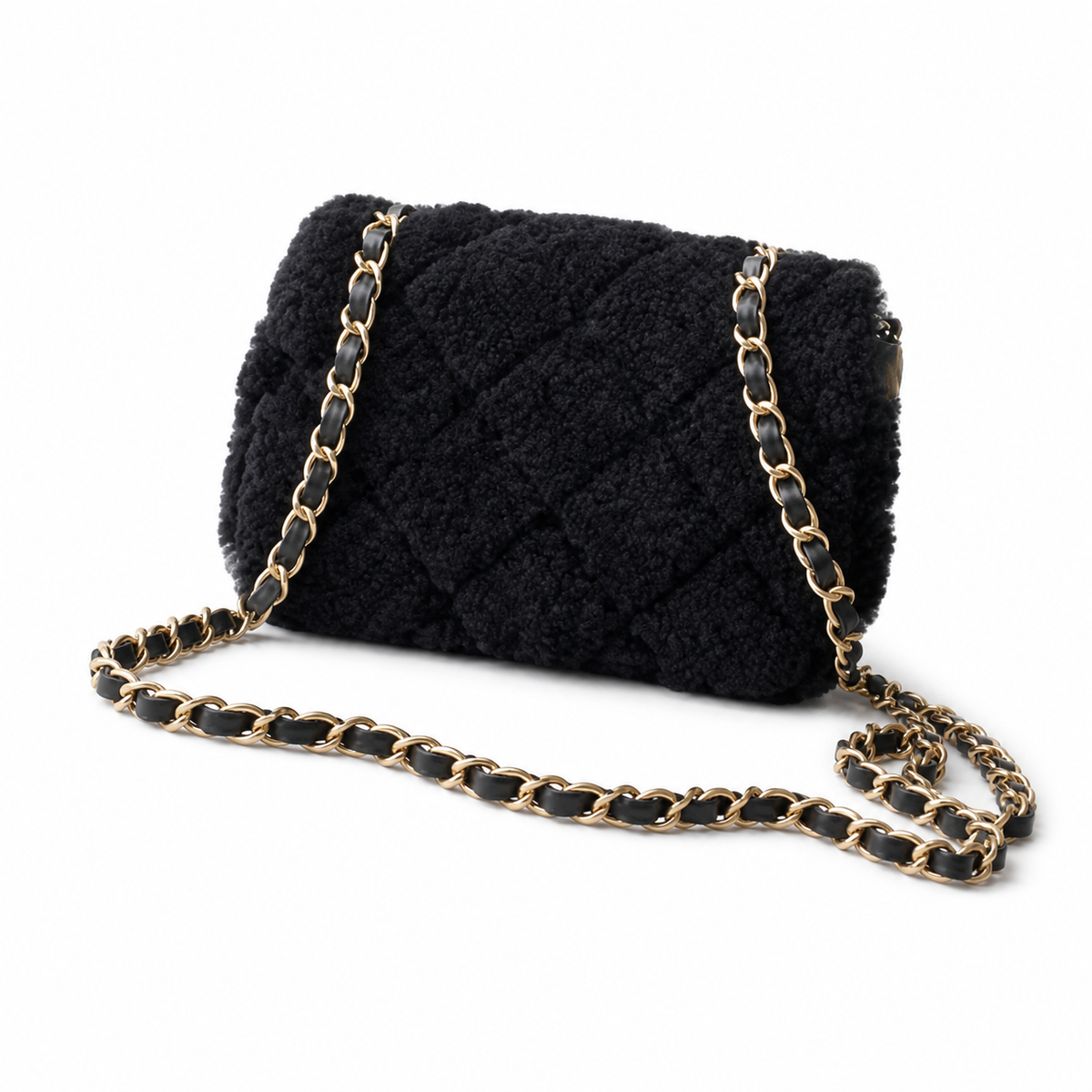 Chanel Shearling Quilted Flap Bag | Gold Leather Chain Black — 12x18cm