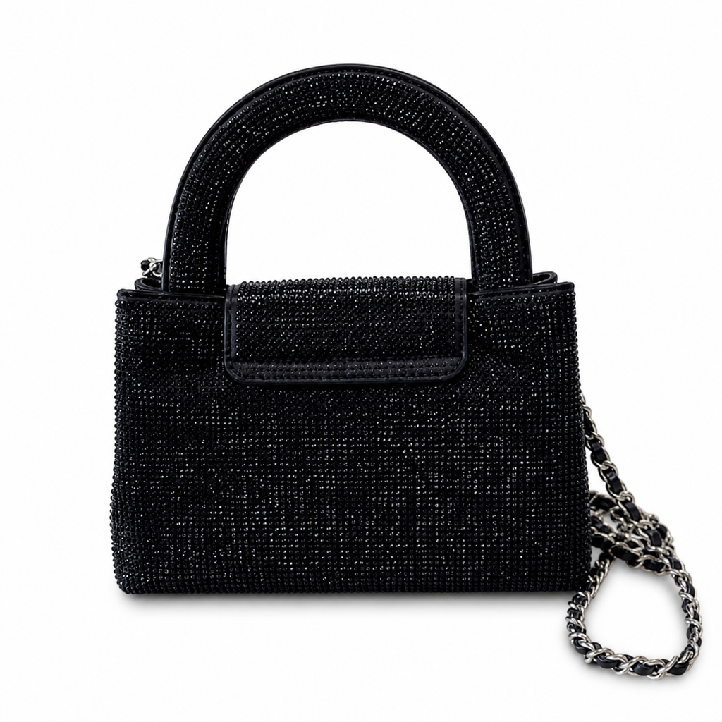 Chanel Black Crystal Mini Top-Handle Flap | Crystal Arch Handle & Silver Chain — 19cm