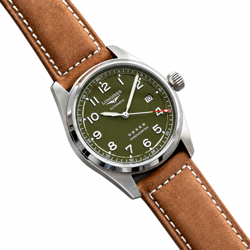 Longines Spirit Automatic Chronometer Watch – Olive Green Dial & Tan Leather Strap