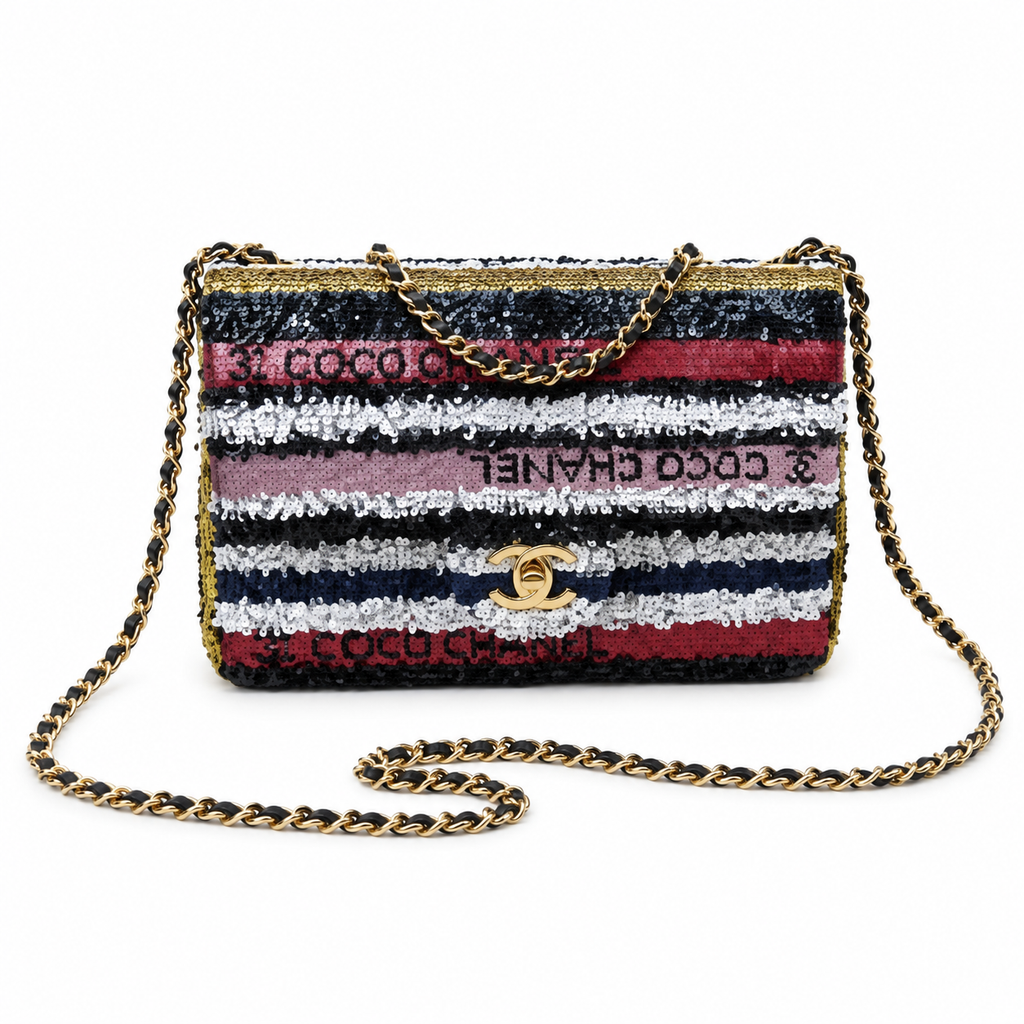 Chanel Multi-Color Sequin Stripe Flap Bag | COCO CHANEL Letter Sequins & Gold CC