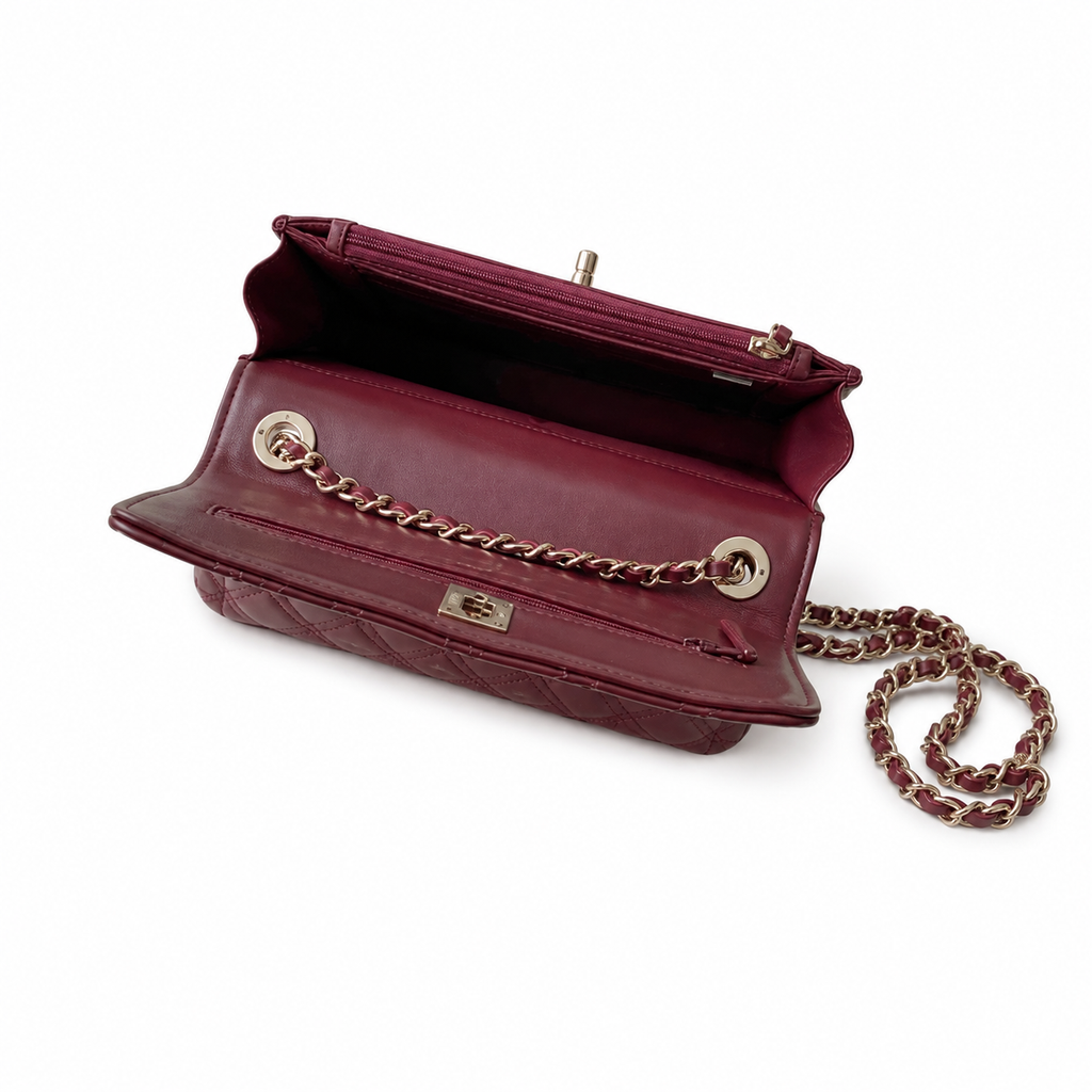 Chanel Burgundy Quilted Lambskin Flap Bag | Pavé Crystal & Pearl CC Turn-Lock, Gold Leaf Motif & Rigid Top Handle