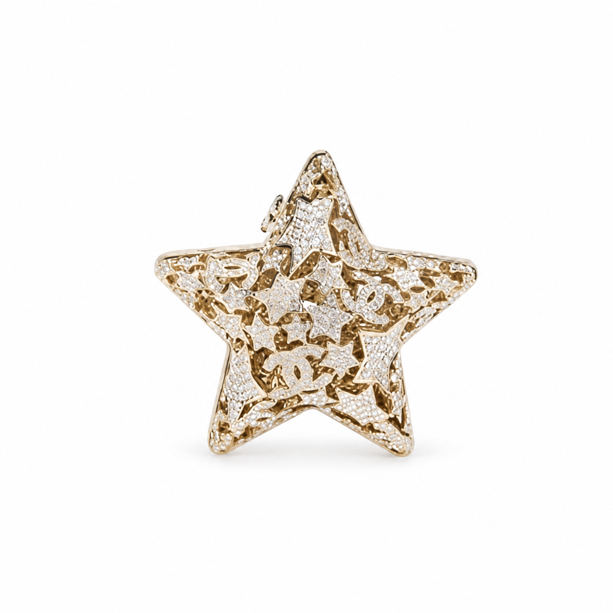 Chanel CC Pavé Crystal Star Minaudiere | Gold Filigree & Chain — 13cm