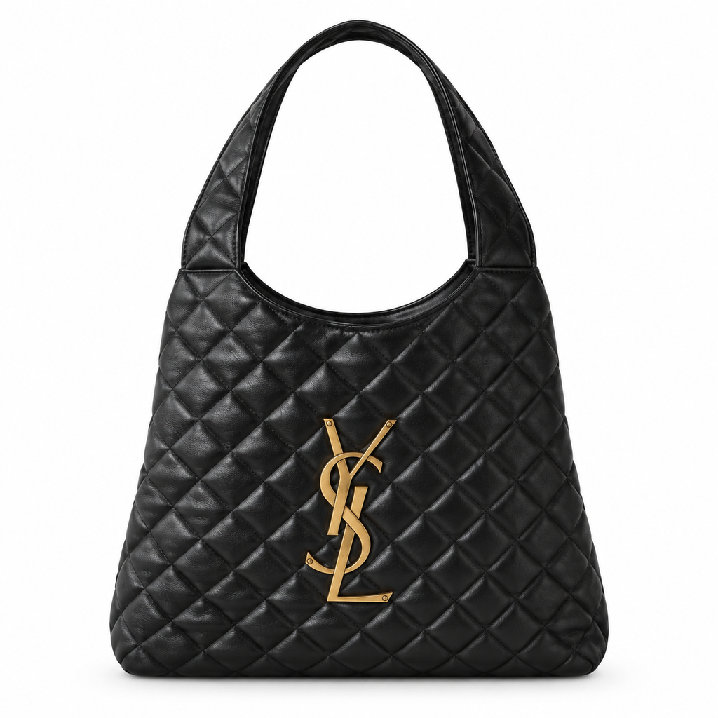 Saint Laurent YSL Icare Maxi shopping tote bag in black diamond-quilted lambskin leather with oversized antique gold YSL monogram plate and double leather top handles