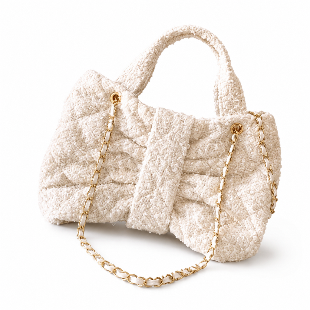 Chanel Bouclé Tweed Large Shopping Tote | CC Gold Chain Ivory White — 29x38cm