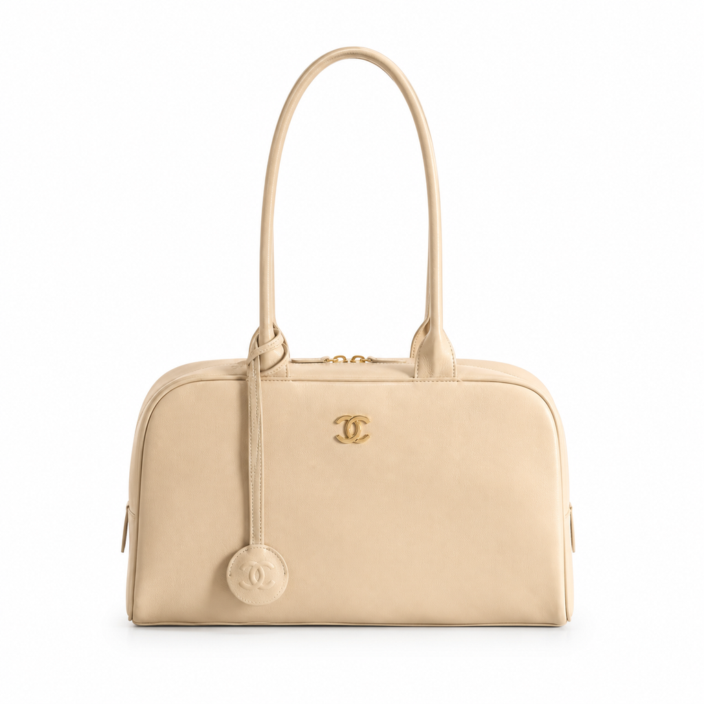 Chanel Bowling Bag Cream Ivory Smooth Lambskin | Gold CC Logo & CC Charm Ball — 29cm
