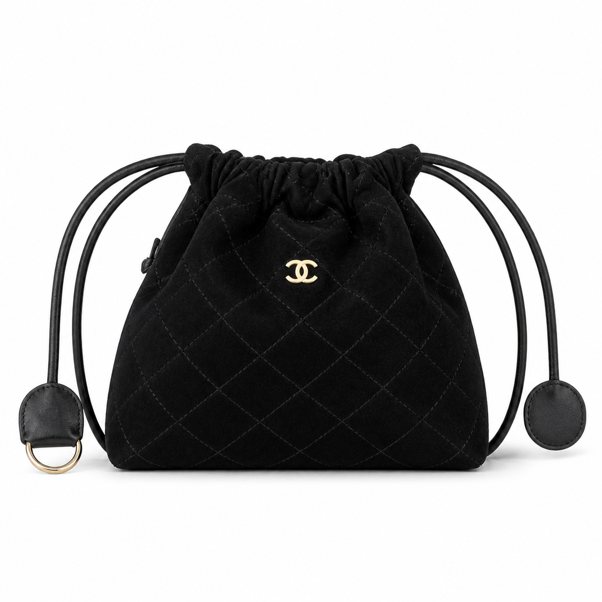 Chanel Black Quilted Suede Drawstring Bucket Bag | Gold CC Charm & D-Ring — 22cm
