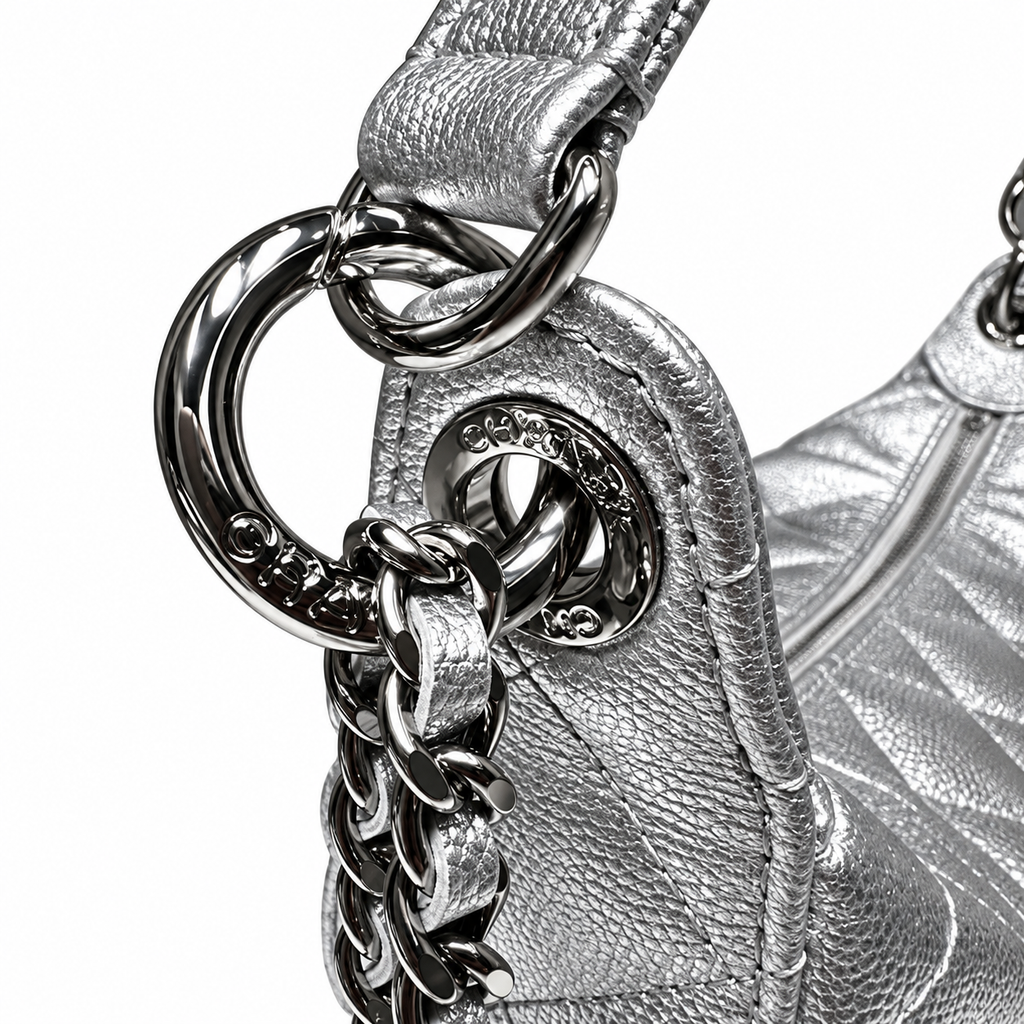 Chanel Crescent Hobo Quilted Metallic Caviar Silver Leather Handle 22cm