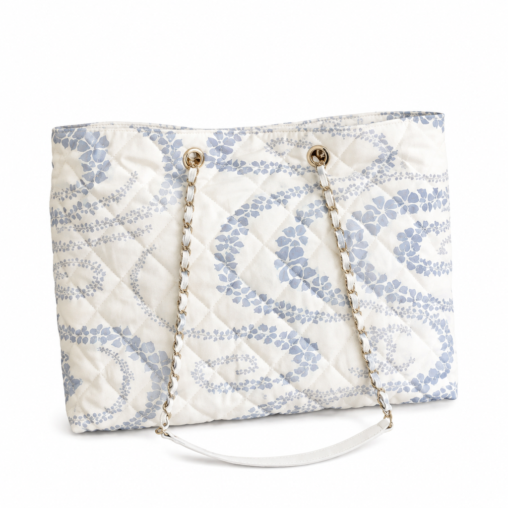 Chanel White & Blue Floral Jacquard Quilted Shopping Tote | White-Rimmed Gold CC Turn-Lock & Gold Chain Shoulder Strap