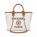 Chanel Deauville Tote Ivory Bouclé | Tan Leather CHANEL CC PARIS Appliqué & Gold Coin — 33cm