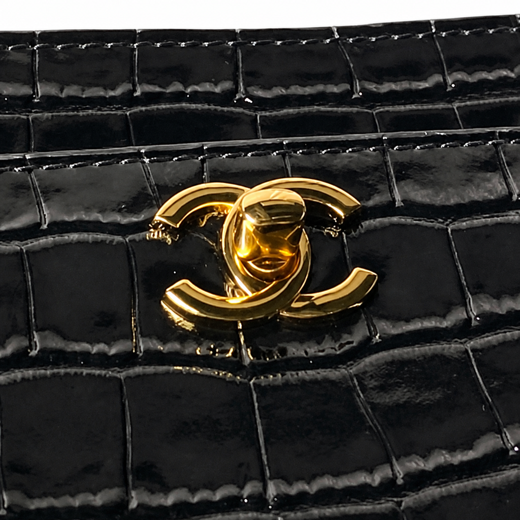 Chanel Black Patent Croc-Embossed Large Tote | Spherical CC Turn-Lock — 39cm