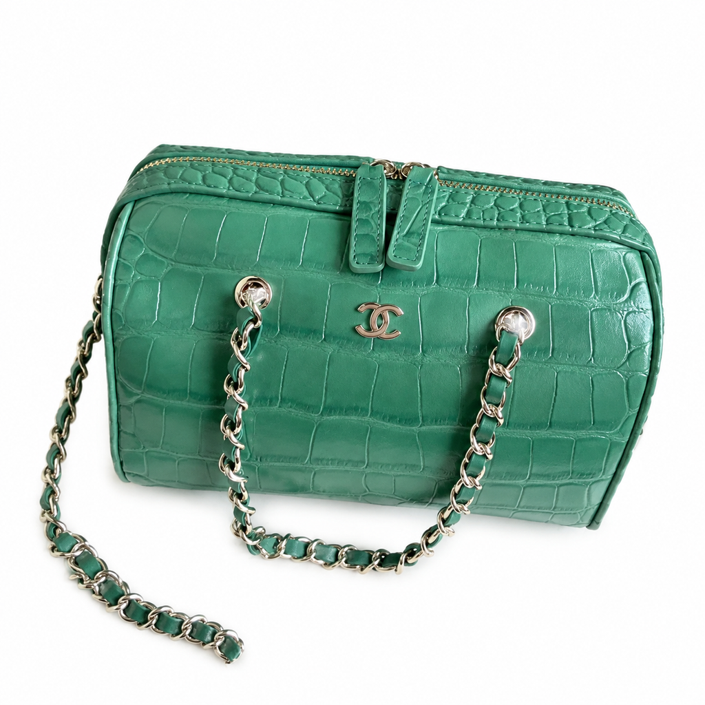 Chanel Jade Green Croc-Embossed Camera Bag | Gold CC Badge & Burgundy Interior
