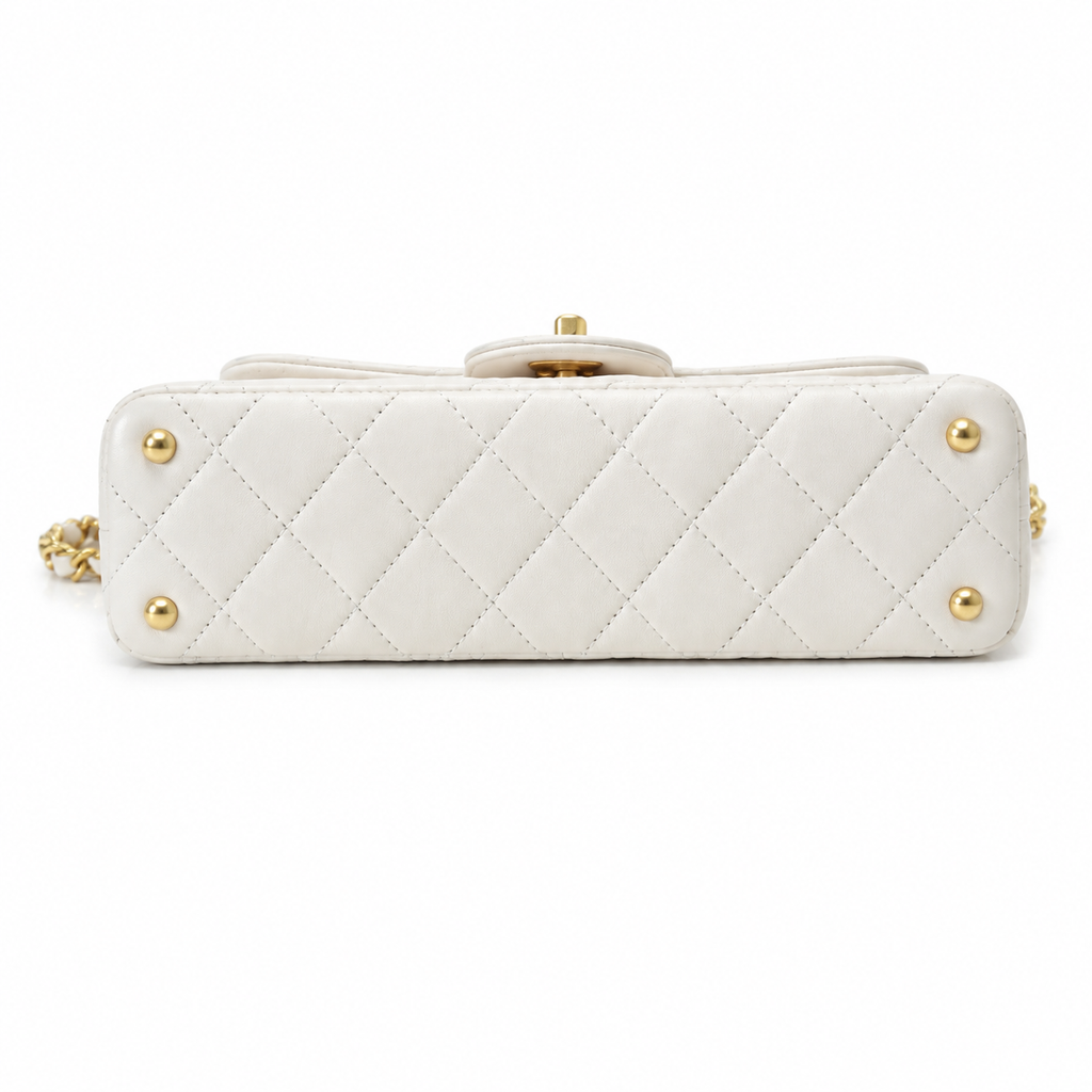 Chanel White Lambskin Quilted Mini Flap Bag | CHANEL PARIS Gold Padlock Clasp & Gold Chain