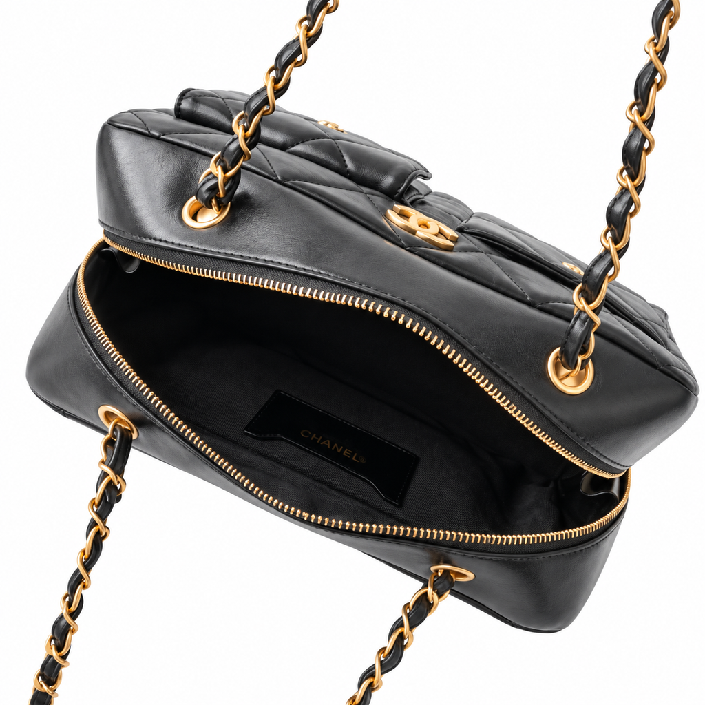 Chanel Quilted Lambskin Dual Pocket Bowling Bag Black 21×33×15cm