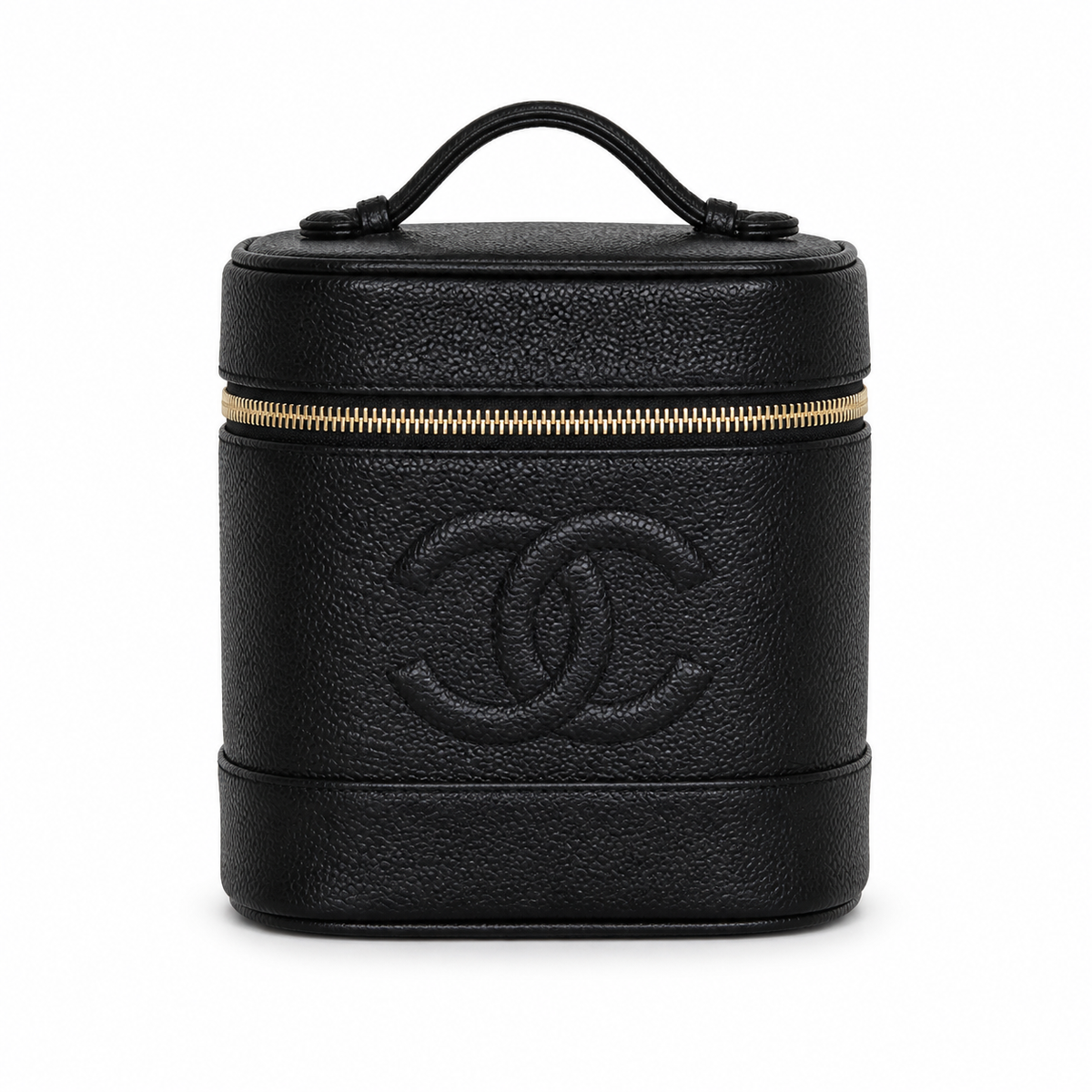 Chanel CC Caviar Leather Vanity Cylinder Case | Black & Gold Zip — 17cm