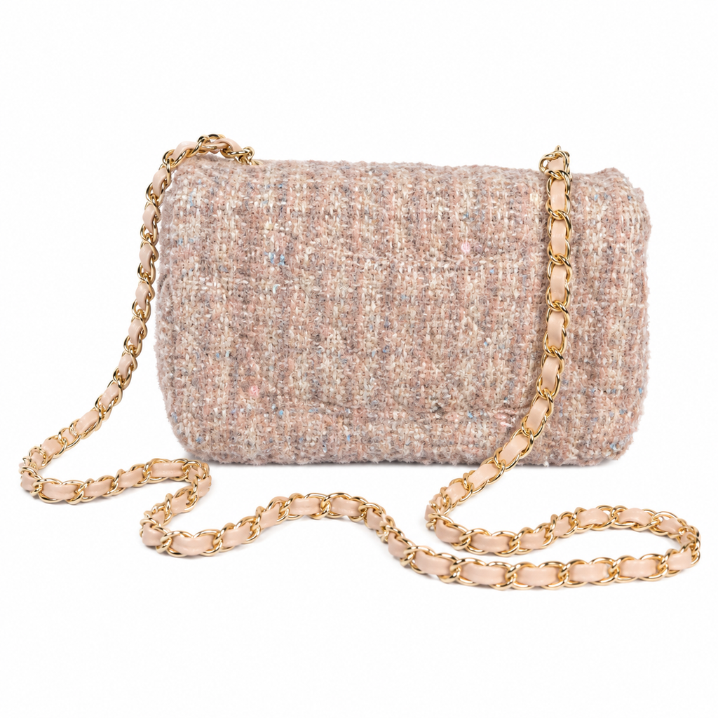 Chanel Classic Small Flap Bag Blush Pink Sequin-Embellished Tweed | Gold CC & Pink Chain — 20cm