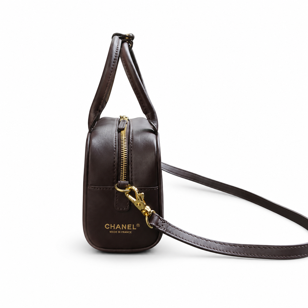 Chanel Dark Chocolate Calfskin Mini Bowling Bag | Double Gold Zipper & Chain — 21cm