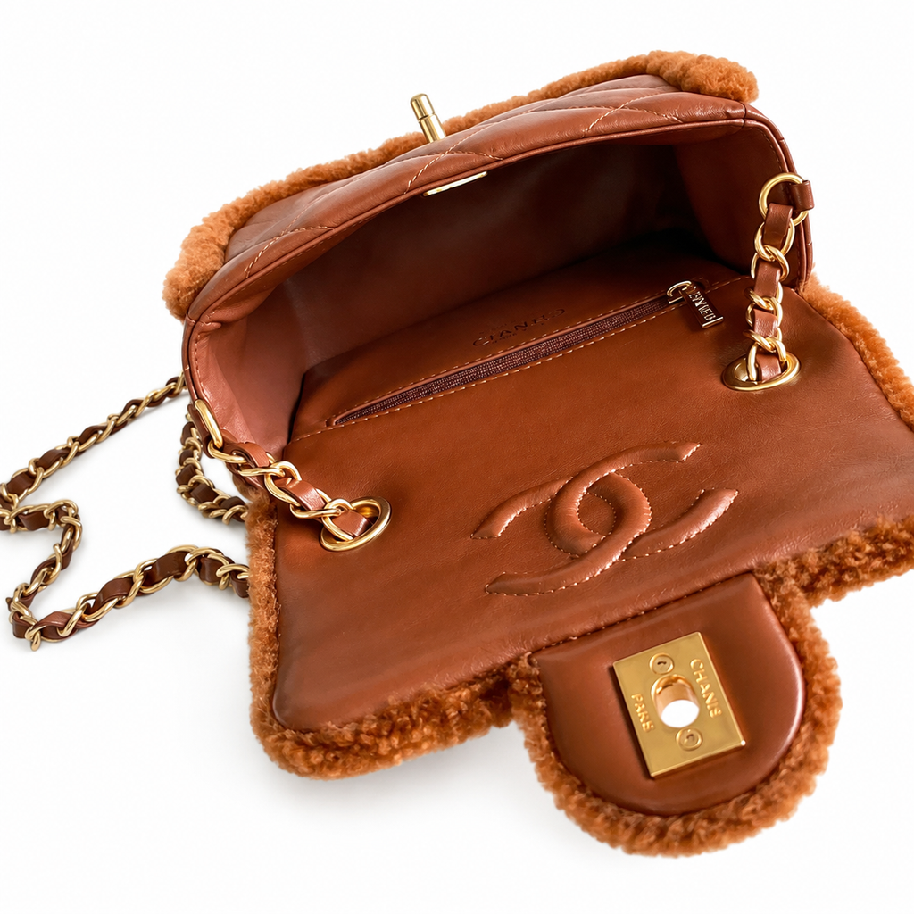 Chanel Shearling Trim Quilted Flap Bag | Gold Chain Caramel Brown — 12x18cm