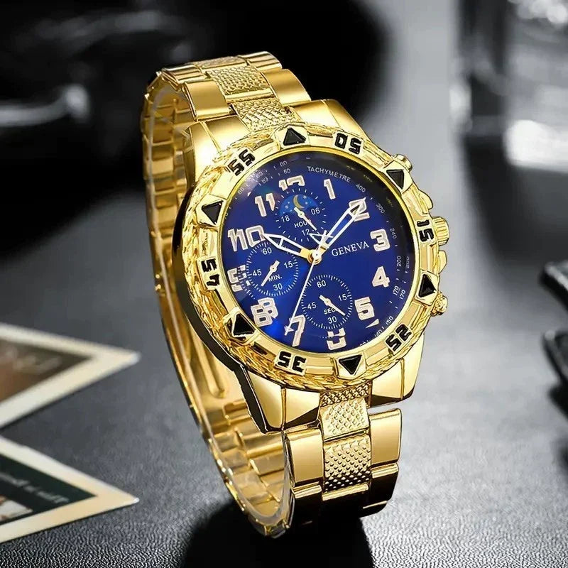 Geneva Men's Chronograph – Gold Case Blue Dial Sport Watch