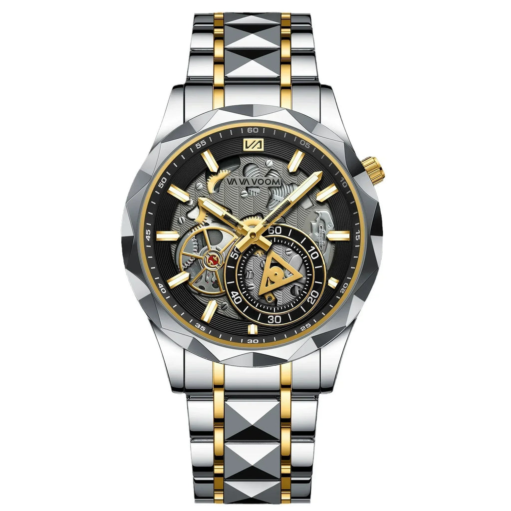 VAVA VOOM Skeleton Automatic Watch Faceted Black Ceramic Bezel Gold Inner Ring Two-Tone Pyramid Link Bracelet Men