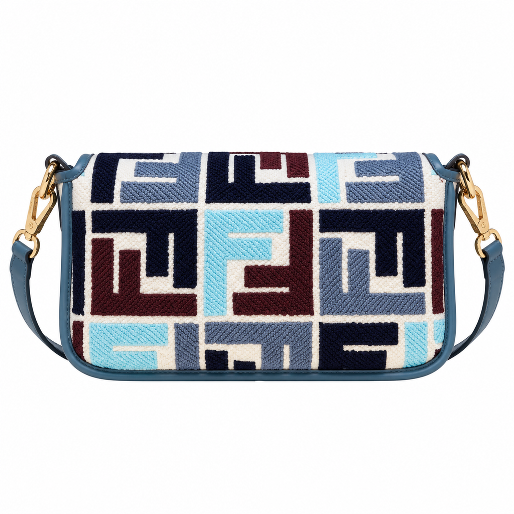 Fendi FF Mini Baguette Shoulder Bag – Jacquard Canvas & Leather Trim, Flap Closure, 19cm